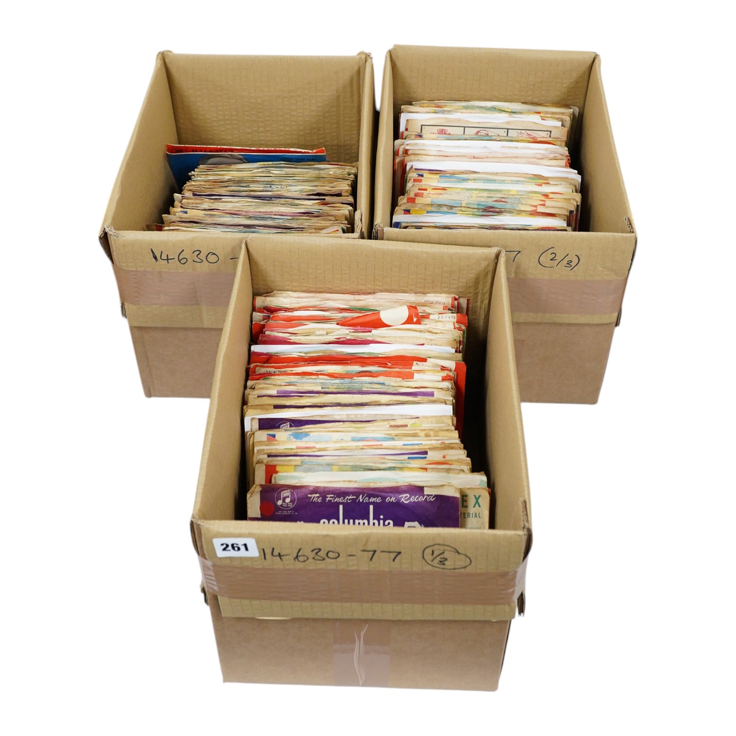 Three boxes of 7 inch singles, all on the Columbia label, artists include; Cliff Richard and the Drifters, the Tarriers, Benny Goodman, Doris Day, Eddie Calvert, The Animals, the Shadows, Kathy Kirby, Hank Marvin, The Ba